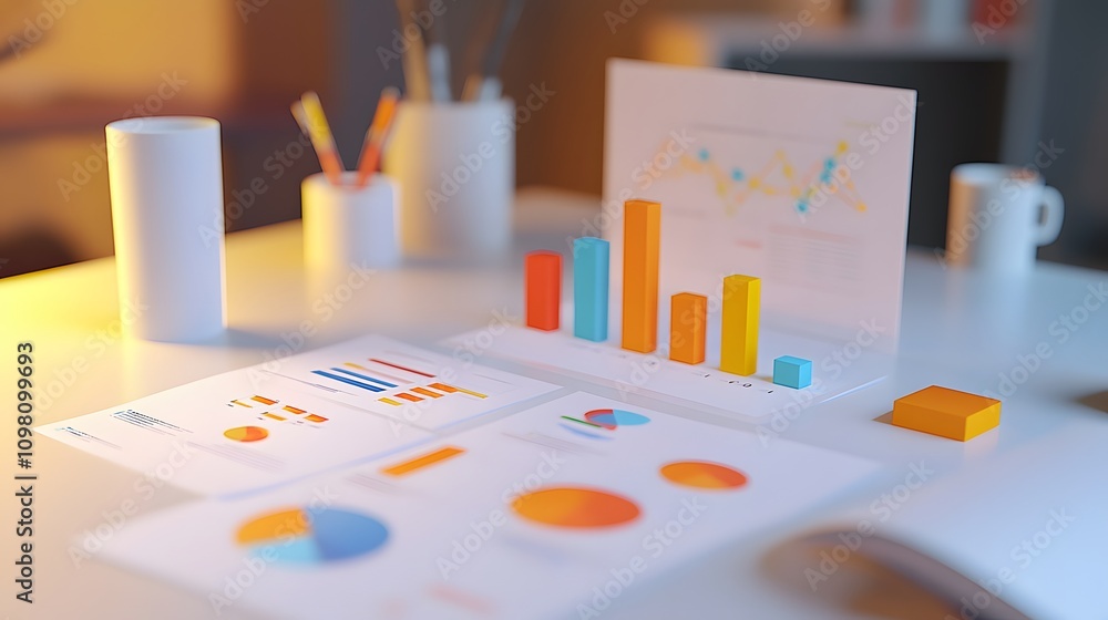 Poster a corporate presentation booklet showcasing 3d business analytics graphics in a clean studio setup.