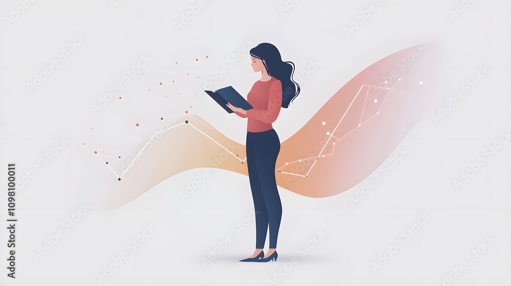 Poster a high-resolution image of a woman standing confidently with 3d line graphs rising from a booklet in
