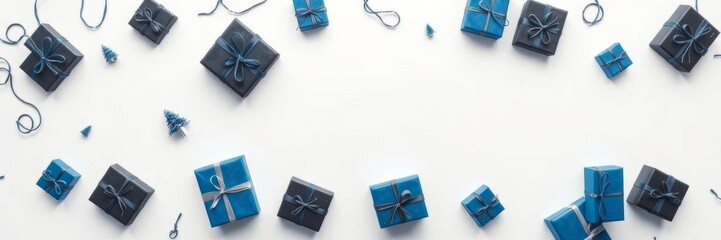 Hyper realistic Cyber Monday extended advertisement showcasing dark and blue packages on white background with copy space for text,  blue packages,  holiday clearance