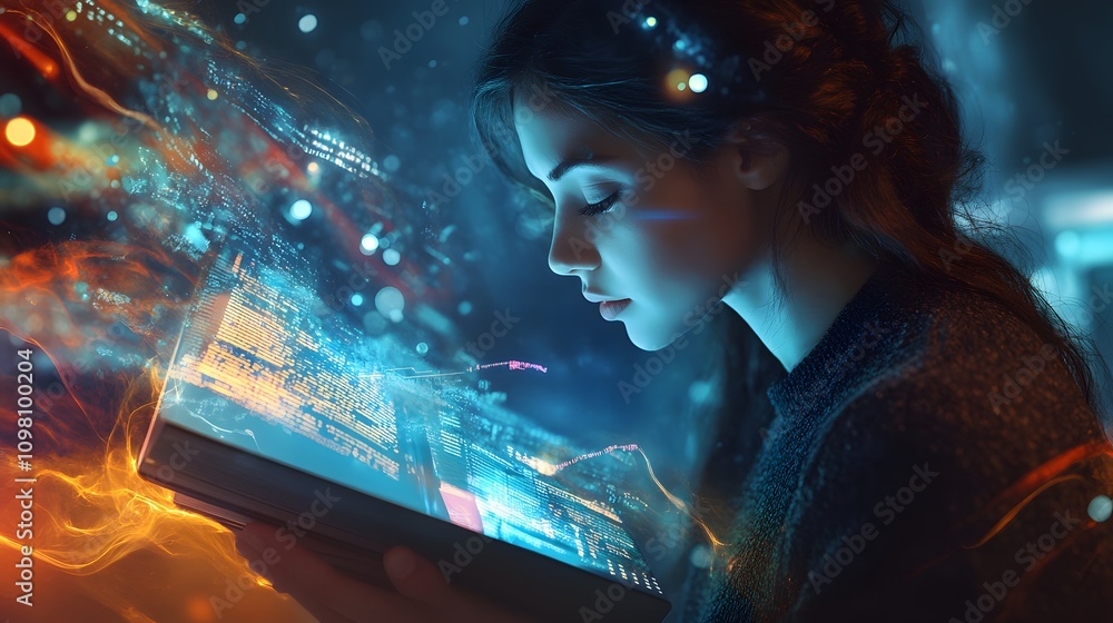 Poster a futuristic corporate image of a woman in a studio setting with vibrant 3d data visuals emerging fr