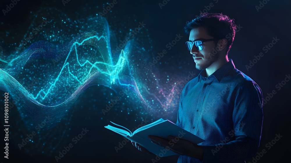 Poster a high-resolution image of a man standing confidently with 3d line graphs rising from a booklet in h