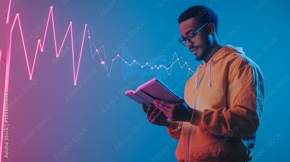 Poster a high-resolution image of a man standing confidently with 3d line graphs rising from a booklet in h