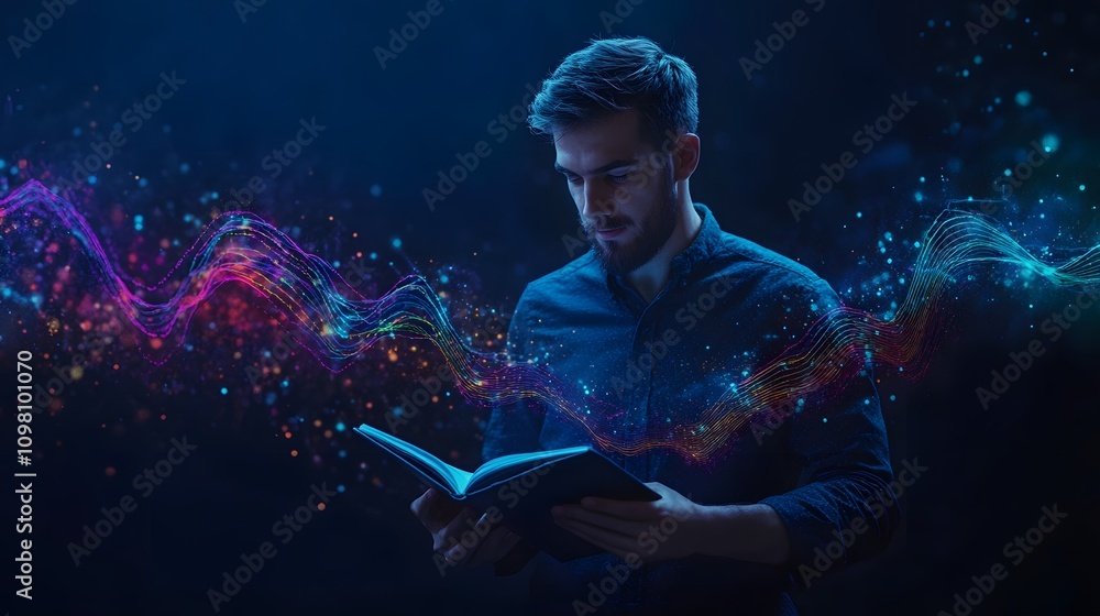 Poster a high-resolution image of a man standing confidently with 3d line graphs rising from a booklet in h