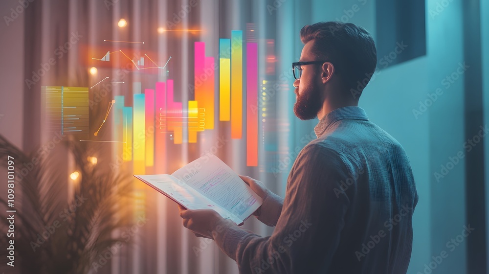 Poster a clean studio setup showcasing a man holding a booklet with colorful 3d statistical charts hovering