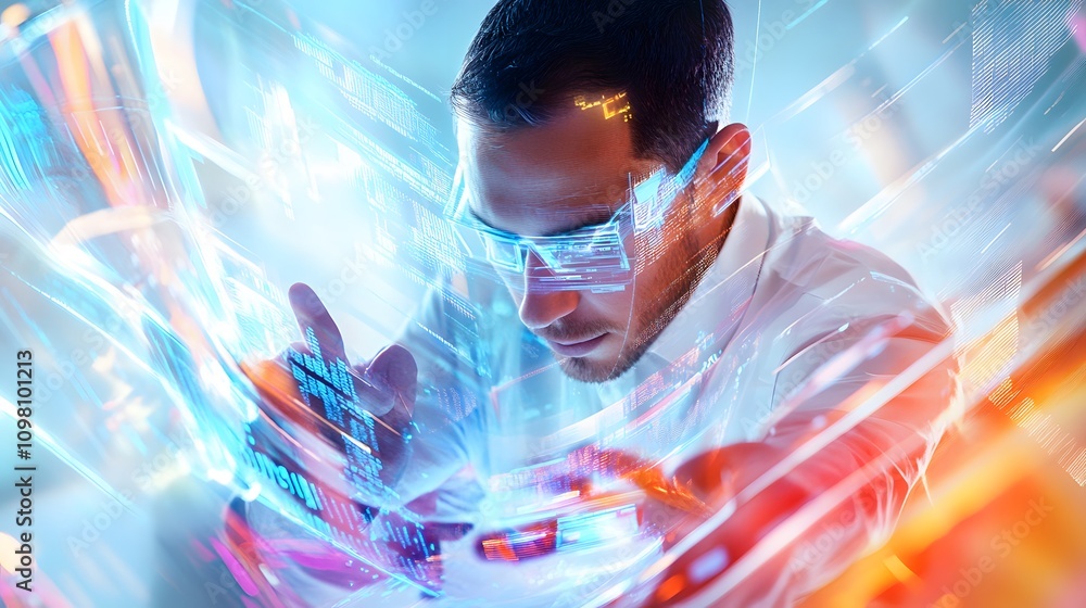 Aufkleber a futuristic corporate image of a man in a studio setting with 3d data visuals dynamically emerging 