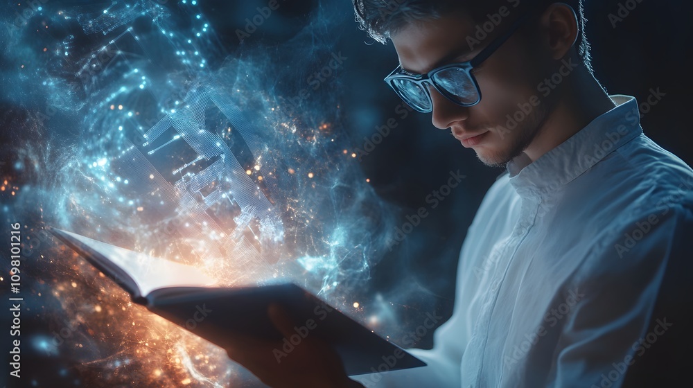 Poster a dynamic scene where a man holds a booklet, revealing multi-dimensional 3d bar and line graphs.