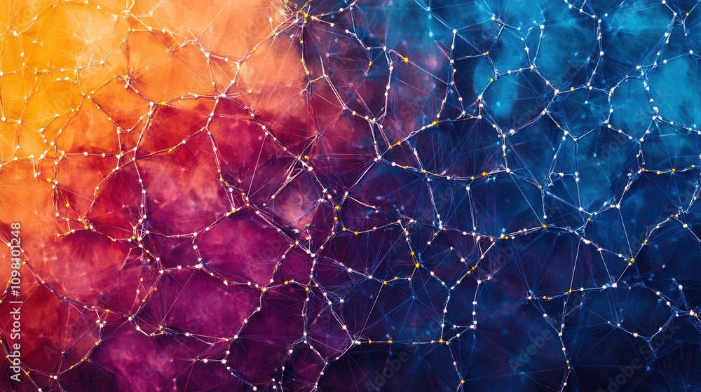 Poster a vibrant abstract image featuring a gradient background of orange, purple, and blue with interconne