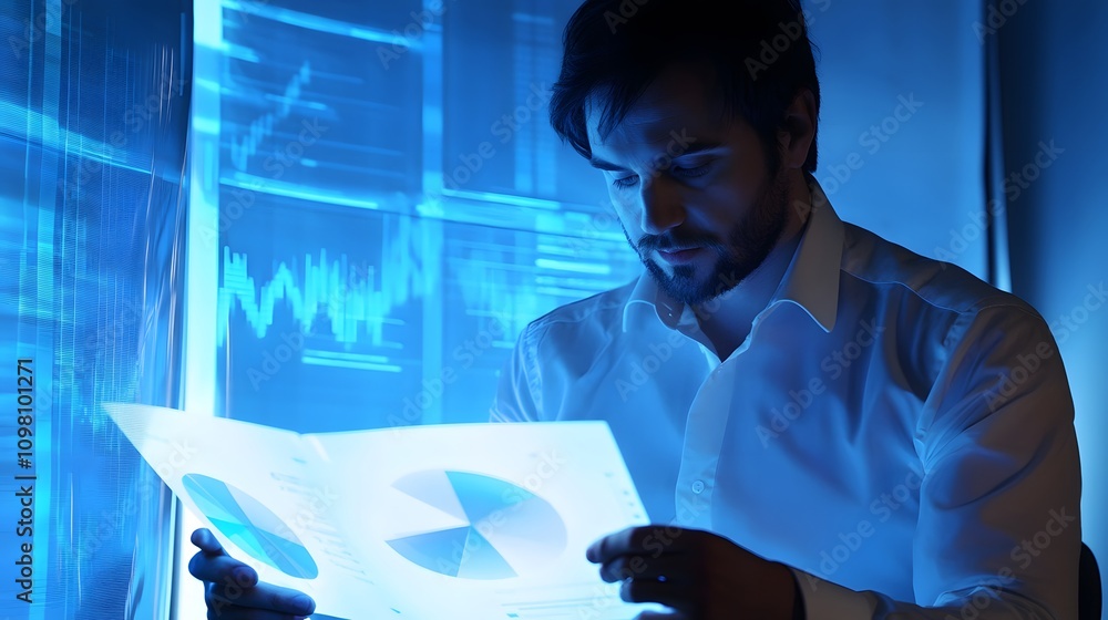 Poster a professional man in a studio setting, demonstrating a booklet with futuristic 3d pie charts.