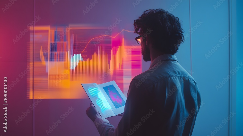 Poster a clean studio image featuring a man with 3d projection graphs rising from a booklet he holds.