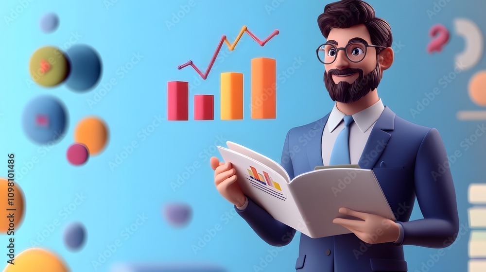 Poster a professional man explaining data insights as 3d charts hover dynamically above his open booklet.