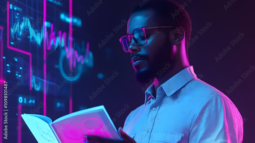 Poster a clean studio image featuring a man with 3d projection graphs rising from a booklet he holds.