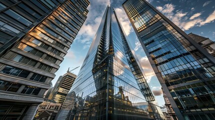 Fototapeta premium A tall glass structure reflecting the sky and surrounding buildings.