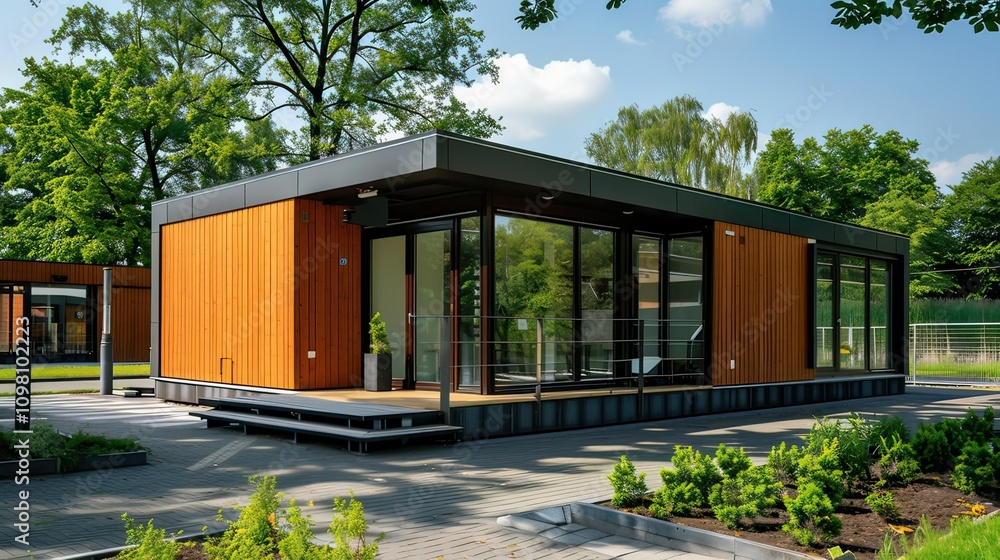 Poster a compact, modern building with a simple and practical design.