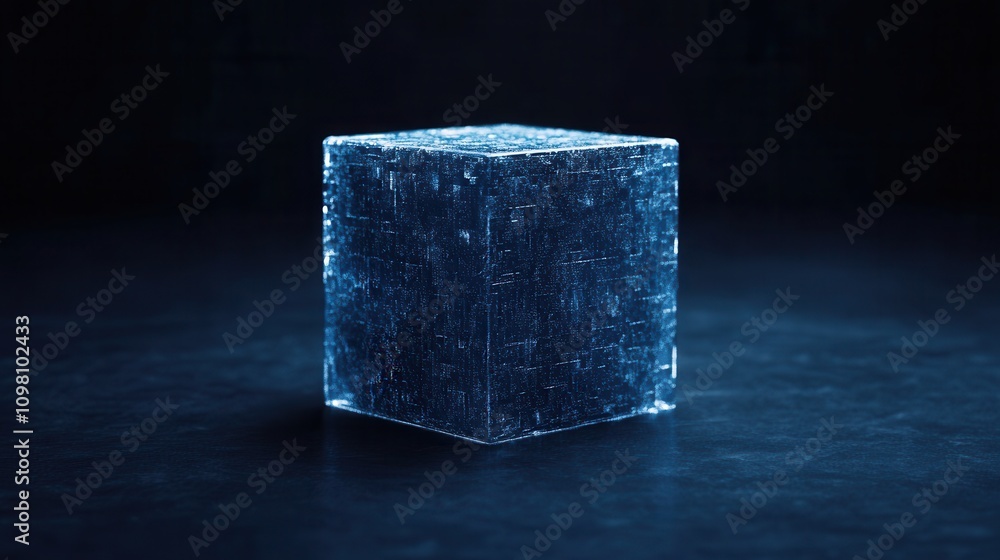 Poster a transparent ice cube rests on a dark surface, illuminated with soft blue lighting, creating a cool