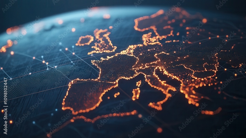 Poster a digital representation of europe illuminated by orange lights, showcasing a globe with interconnec