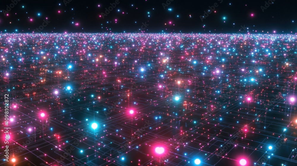 Poster a vibrant, starry digital landscape with colorful particles and grid-like structures.