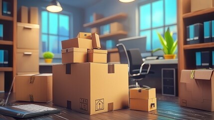Naklejka premium Cozy Office Space with Stacked Cardboard Boxes and Green Plant