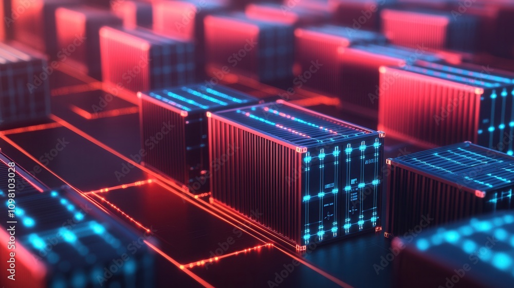 Poster a vibrant, digital representation of data storage, featuring illuminated containers in red and blue,