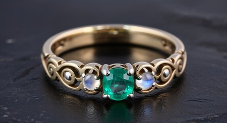 Emerald and moonstone vintage band ring with ornate scroll detailing on shank 