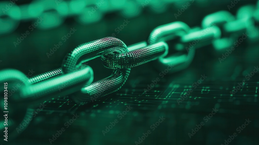 Poster a close-up view of a metallic chain with a green tint, set against a dark background, emphasizing te