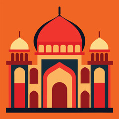 Flat vector illustration of a mosque with vibrant red and orange tones, reflecting Islamic architecture and cultural art in a modern style.

