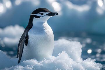 Obraz premium Chinstrap penguin standing in the snow ice in Antarctica.