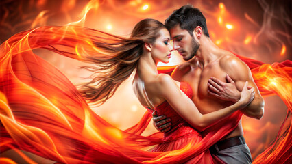 Couple dancing sensual rumba with flowing red fabric against a fiery backdrop