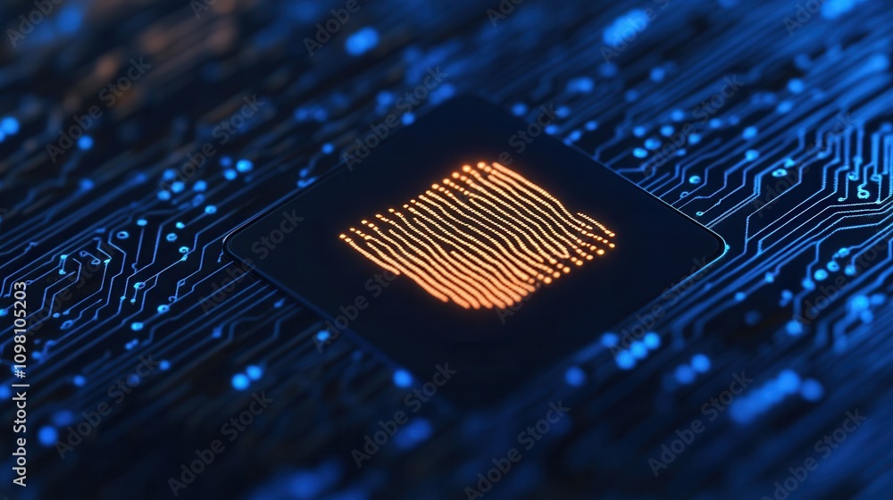 Poster a close-up of a microchip featuring a fingerprint design against a blue circuit board background, sy