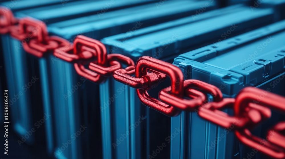 Poster a vibrant image featuring a red chain linking metallic storage devices, symbolizing security and con