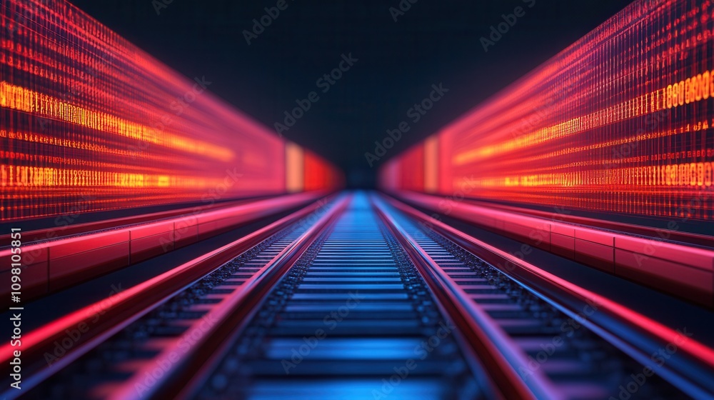 Poster a vibrant, futuristic railway track illuminated by red and blue lights, creating a dynamic and immer