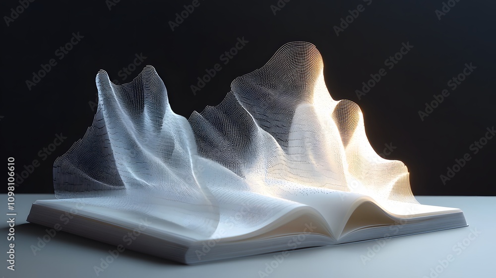 Aufkleber an elegant booklet showcasing 3d line graphs rising in layers from its open pages.
