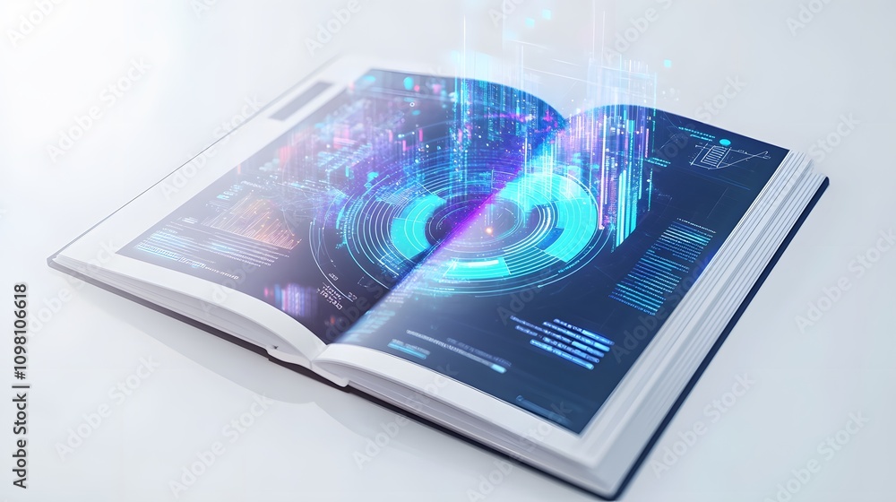 Poster a corporate-themed booklet open on a white surface with futuristic 3d pie charts hovering above the 