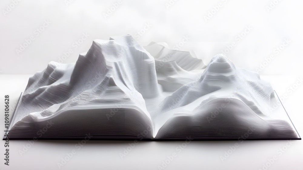 Poster an elegant booklet showcasing 3d line graphs rising in layers from its open pages.