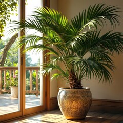 Fototapeta premium Realistic palm tree, window garden, charming 3D art.