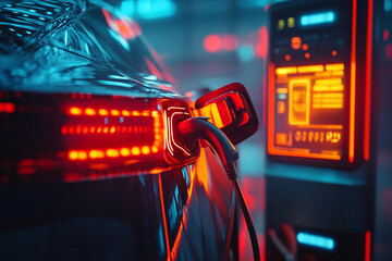 EV futuristic sport car charging with charger at electric charge station. Technology battery high power electric energy with a connected charging cable, Green renewable energy, battery storage future	