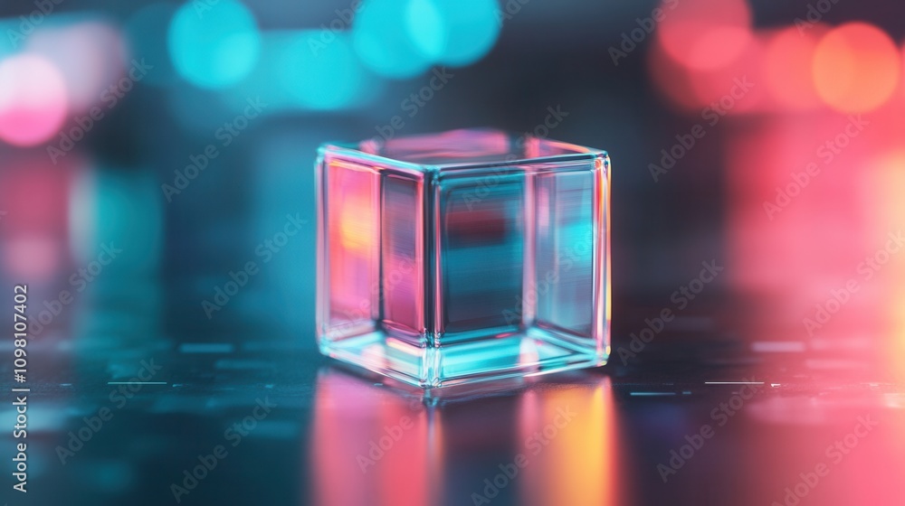 Poster a vibrant glass cube reflects colorful lights, creating an intriguing visual effect on a dark surfac