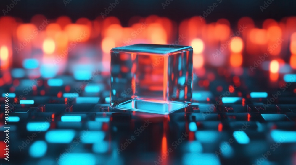Poster a glowing, translucent cube sits amidst illuminated keys, creating a striking contrast of colors in 