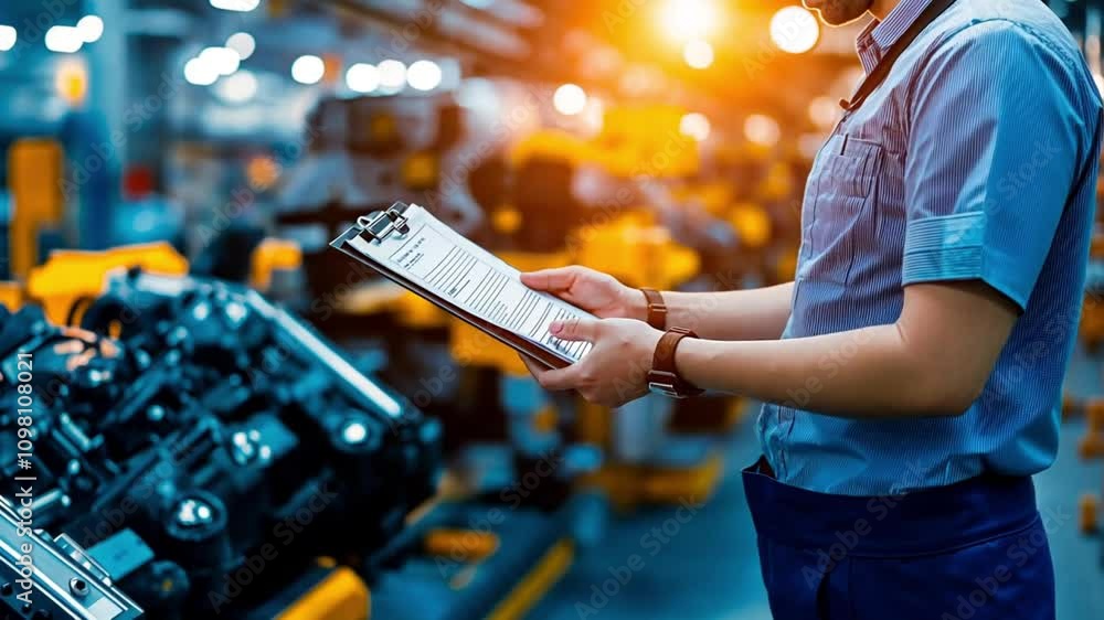 Poster a focused engineer inspecting machinery and taking notes on a clipboard in a modern factory. concept