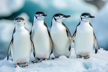 Fototapeta premium Group of chinstrap penguins staying in chick nursery in the snow ice in Antarctica. 
