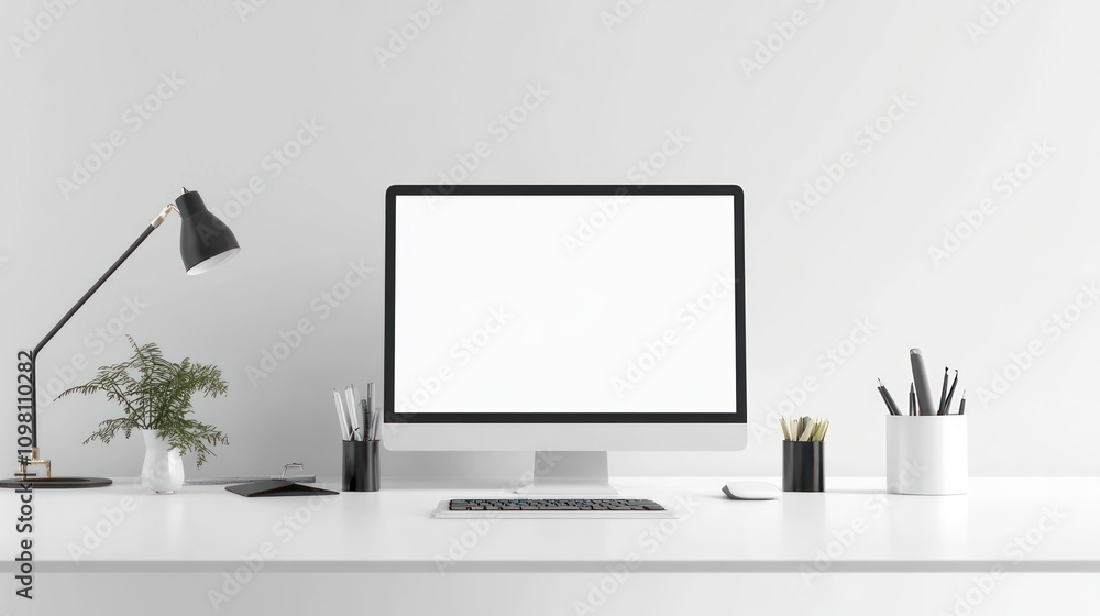 Poster Minimalist Modern Workspace With Computer And Desk Lamp