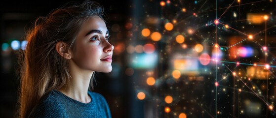 Fototapeta premium Side portrait of a young woman illuminated by colorful city lights at night symbolizing urban energy dreams and modern aesthetics in a dreamy bokeh effect