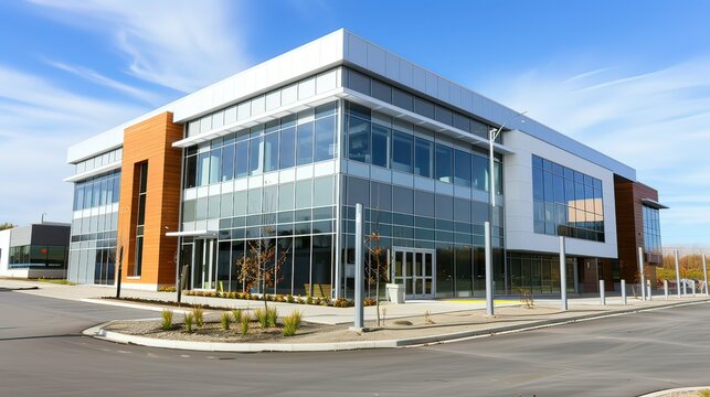 A sleek, modern business building in a downtown area.