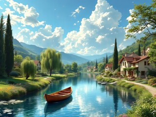 Obraz premium Summer sun paints a vibrant river village, boats bobbing on tranquil waters.