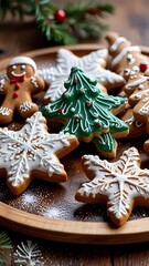 A plate of Christmas cookies with a tree and snowflake designs
