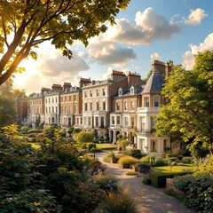 Fototapeta premium Sunny Muswell Hill: panoramic brick house vista.
