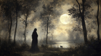 Fototapeta premium A mysterious silhouette of a woman wearing a flowing gown walks beside a black cat under a full moonlit sky in a tranquil landscape
