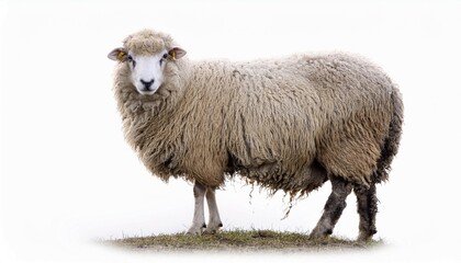 Obraz premium fluffy wooly sheep standing on white background with copious wool
