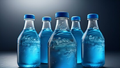 Naklejka premium Sport and fitness drink concept, very cold refreshing isotonic blue water in bottles