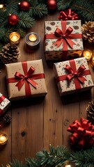 Three boxes of presents are sitting on a wooden table with a red bow on each one