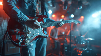 Obraz premium Close up of guitarist on stage. Music band group perform on a concert stage. 